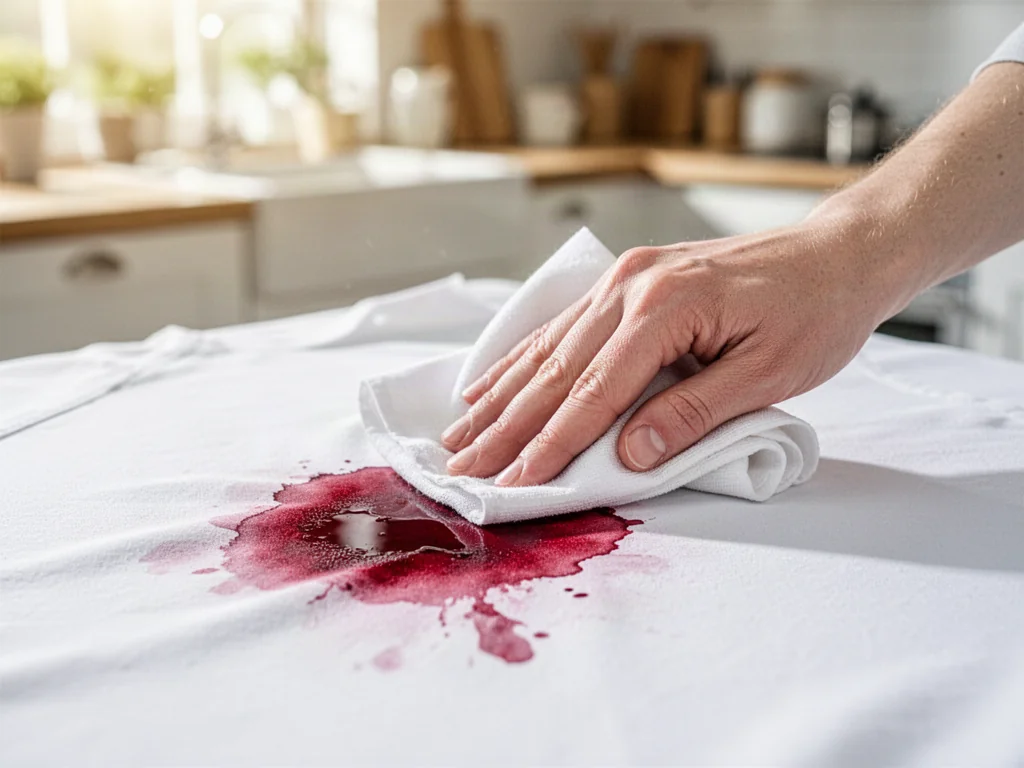 Dłoń wycierająca świeżą plamę z czerwonego wina na białej tkaninie za pomocą czystej ściereczki.