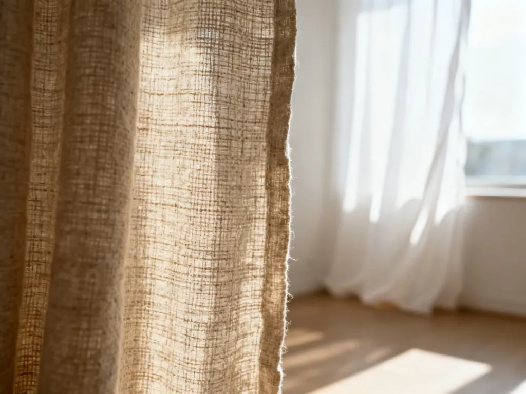 Zbliżenie na naturalną fakturę beżowej tkaniny lnianej z widocznym splotem na tle jasnego, minimalistycznego wnętrza.