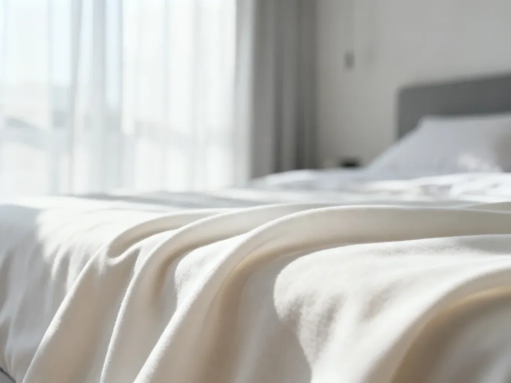 Zbliżenie na miękką, białą tkaninę modalową na tle jasnej, minimalistycznej sypialni w naturalnym świetle.