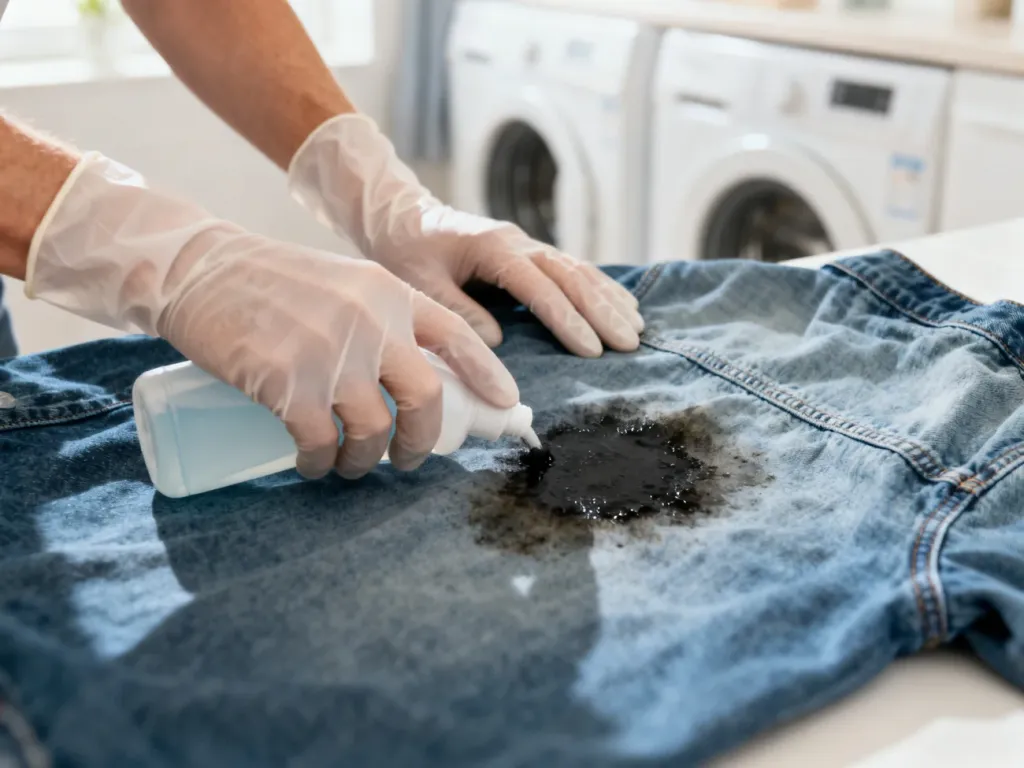 Dłonie w gumowych rękawiczkach nakładają środek czyszczący na plamę ze smaru na jeansowym materiale.